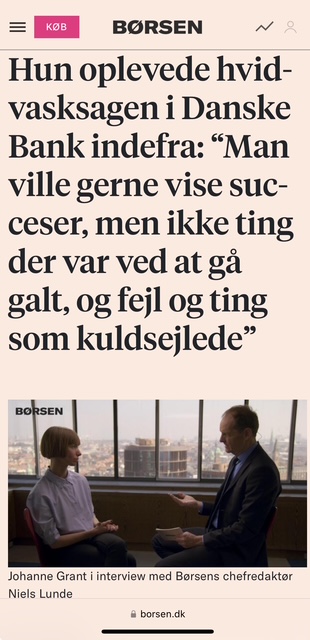 Hun oplevede hvidva­sk­sagen i Danske Bank indefra: “Man ville gerne vise succeser, men ikke ting der var ved at gå galt, og fejl og ting som kuldsej­lede”